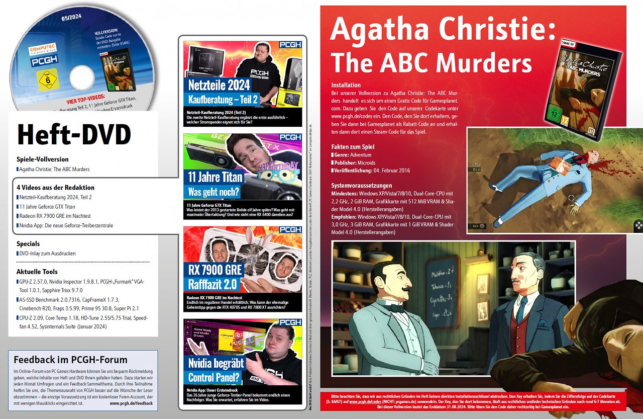 [27/03/2024] Auf der DVD finden Sie nicht nur weitergehendes Artikelmaterial, Videos und Tools, sondern auch Agatha Christie: The ABC Murders als Steam-Vollversion.