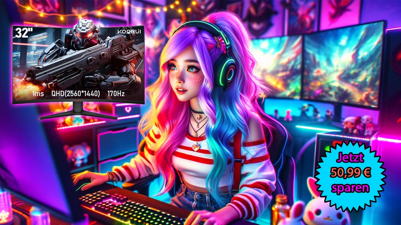 [16/03/2024] KOORUI 32 Zoll Curved Gaming Monitor, 2K QHD(2560x1440), 170Hz, 1ms, 1500R, VA, HDR 10 günstig bei Amazon im Angebot