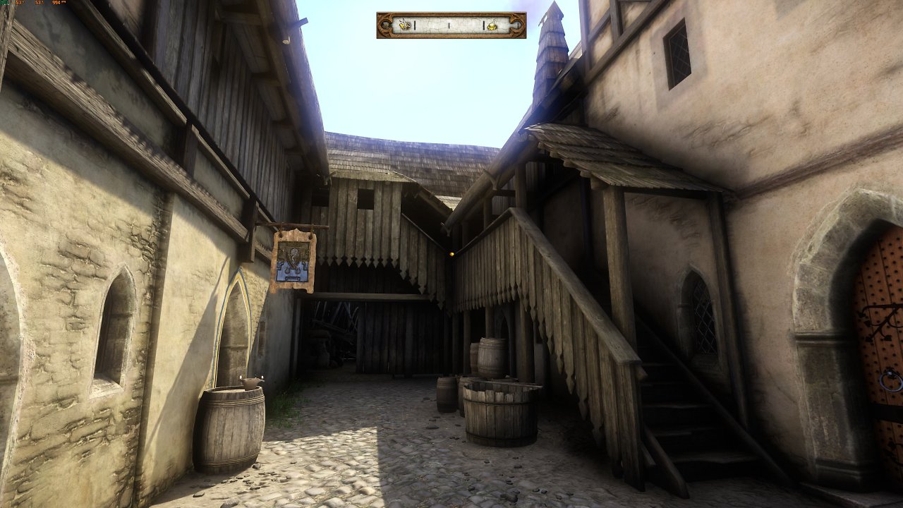 [18/04/2024] Hier sieht man ein stärkeres Ambient Occlusion (Umgebungsverdeckung). Siehe etwa Fass in der Mitte oder rechte Tür.