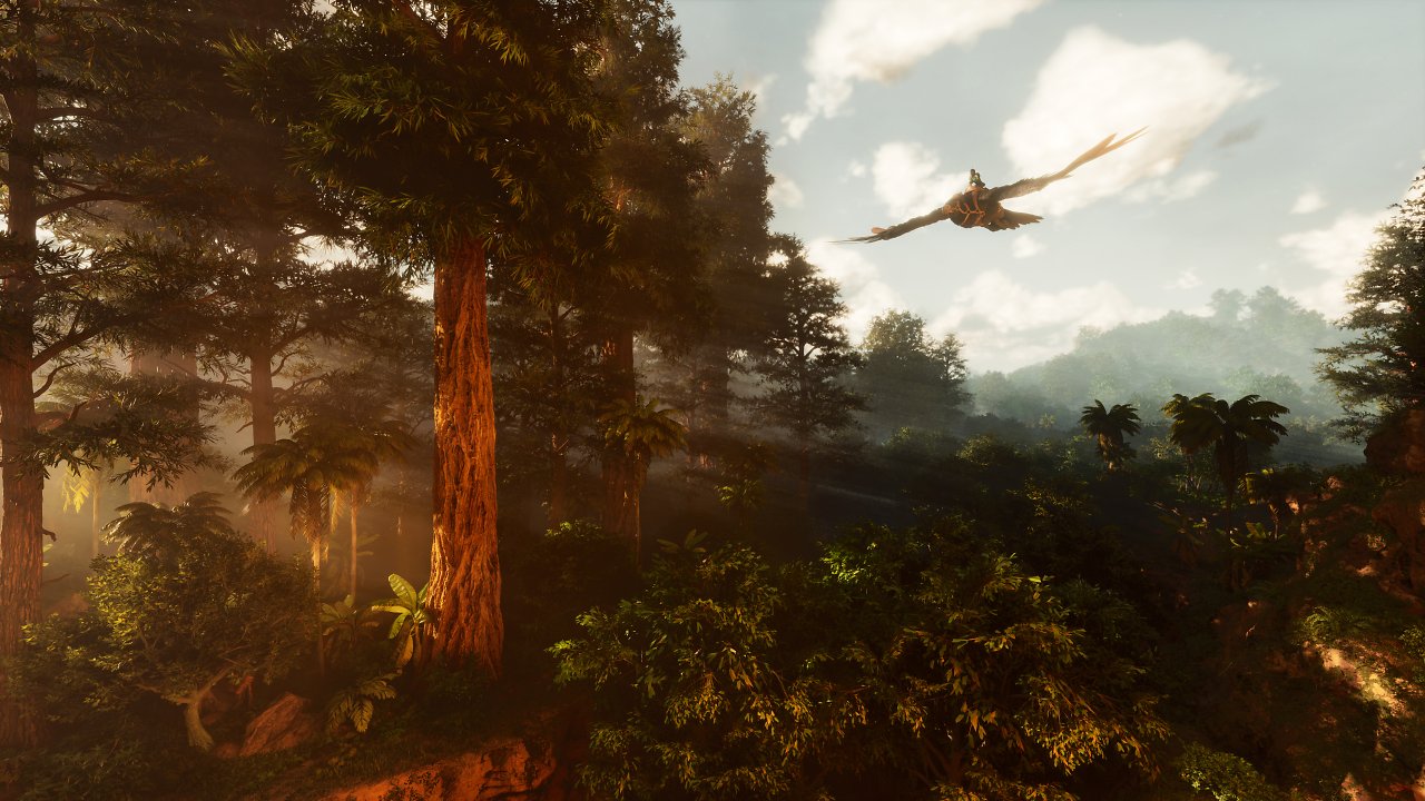 [16/04/2024] Ark: Survival Ascended Early-Access-Aufmacher maxed with Photomode (4) - Hier können Sie gut die Interaktion von Lumen-GI und volumetrischem Nebel erkennen. Das Licht wird von der Rinde der Redwoods rötlich indirekt abgestrahlt und zusammen mit den Virtual Shadow Maps, die besonders feine God-Rays zeichnen, durch den Nebel projiziert. Dies ist in aktuellen Spielen mit dynamischer GI bislang sehr selten zu beobachten, inklusive anderen UE5-Titeln!