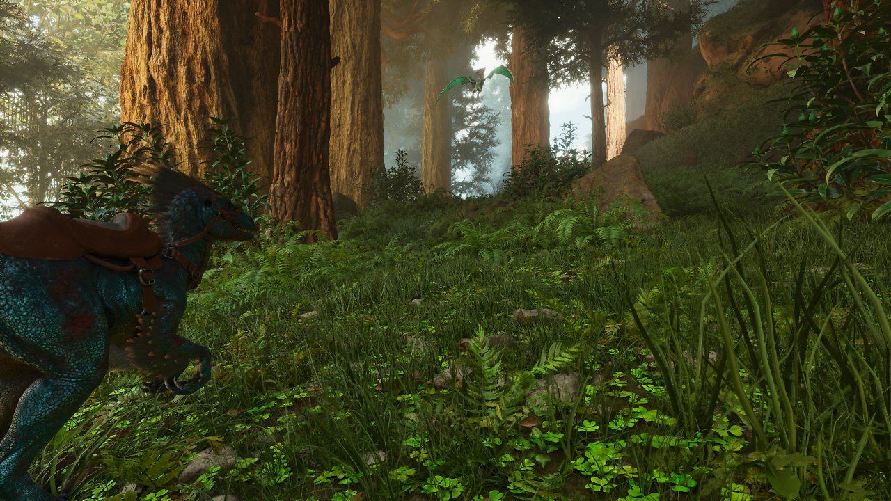 [19/04/2024] Ark: Survival Ascended - Gameplay-Szene, The Island, 4K Max, TSR 100 %: In diesem Shot ist gut zu erkennen, dass das die weit ausgefahrene Lumen GI auch Speculars berücksichtig. Sie können den 