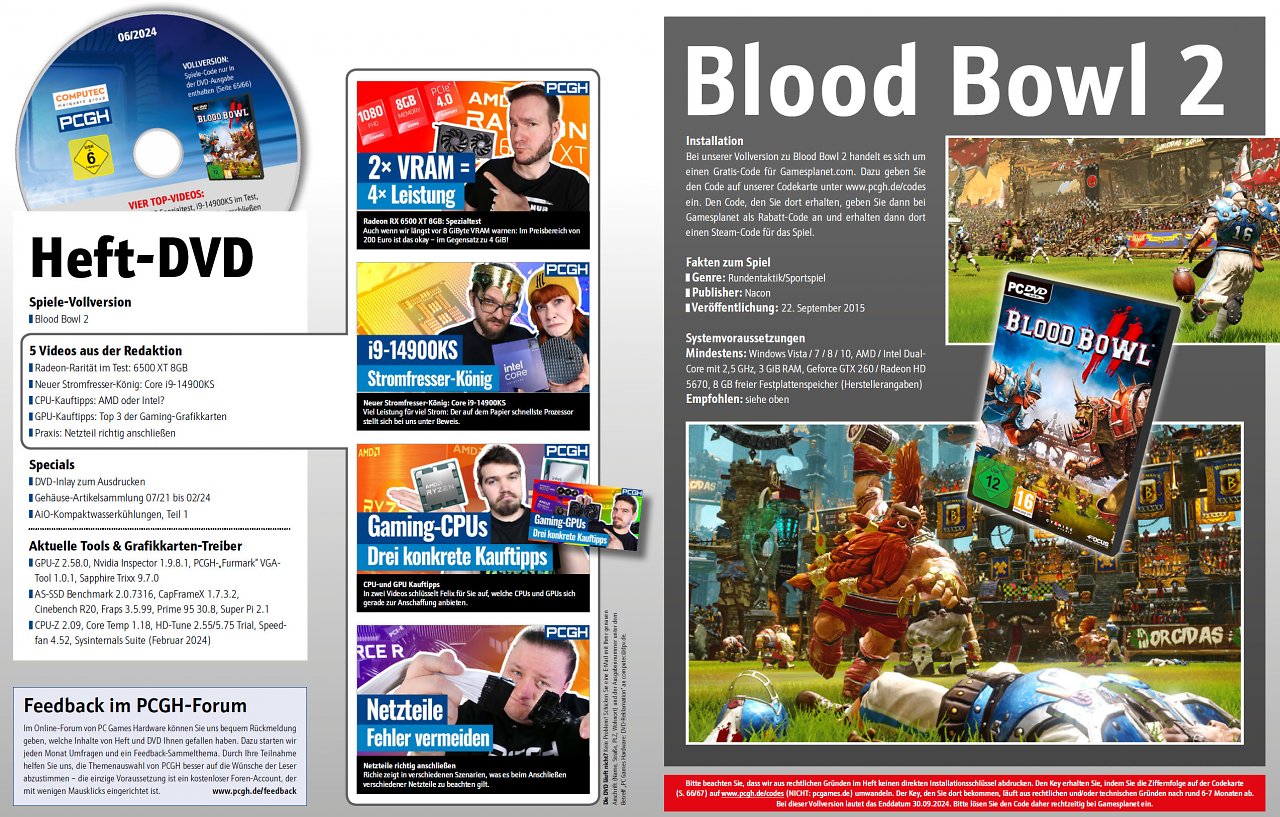 [22/04/2024] Auf der DVD finden Sie nicht nur weitergehende Artikelmaterialien, Videos und Tools, sondern auch Blood Bowl 2 als Steam-Vollversion.