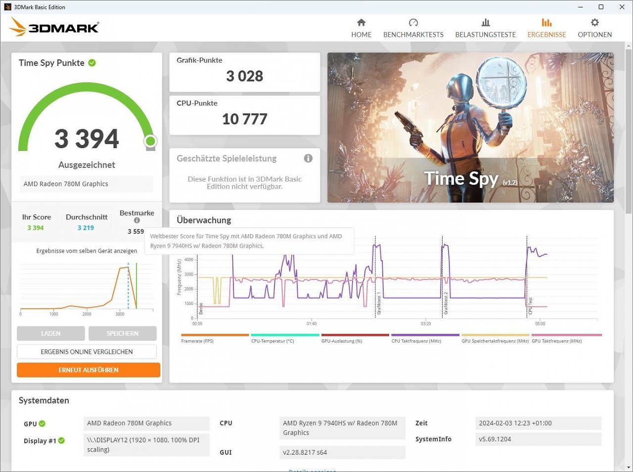 [02/04/2024] Geekom A7 AMD Ryzen 9 7940HS im 3D Mark Time Spy