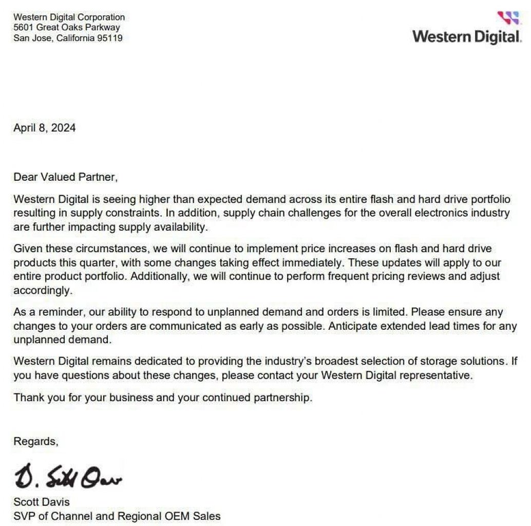 [10/04/2024] Western Digital informiert Partner über Preiserhöhungen.