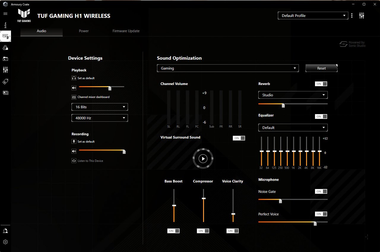 [27/05/2024] ASUS Armoury Crate Software für TUF H1 Gaming Wireless - Mit ASUS-Software bietet das H1 Wireless unter anderem Virtual Surround (optional zu Windows Sonic), einen 10-Band-Equalizer, Bass-Boost, Voice Clarity für bessere Sprachqualität sowie einen Kompressor. Für das Mikrofon stehen ein Noise Gate (eine 