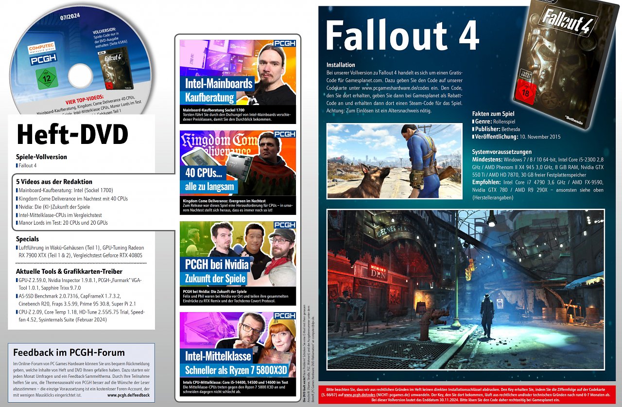 [28/05/2024] Auf der DVD finden Sie nicht nur weitergehende Artikelmaterialien, Videos und Tools, sondern auch Fallout 4 als Steam-Vollversion.