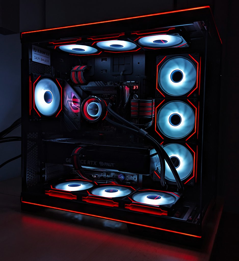 [16/05/2024] Und hier noch ein paar neue Beleuchtungsvarianten, die ich unlängst ausprobiert habe. Der Unendlichkeitsspiegel-Effekt von Lian Li ist wirklich genial, sei es auf dem CPU-Kühler der AiO-Wasserkühlung oder dem Seitenprofil der Lüfter. Daher habe ich auch bewusst auf beleuchtete Stromkabel, RAM-Riegel und auch Grafikkarte verzichtet, um den Fokus auf das Wesentliche zu richten, ohne einen Beleuchtungsoverkill zu erzeugen. (1)