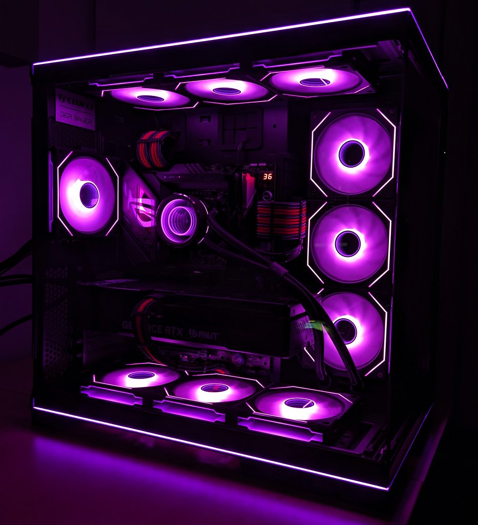 [16/05/2024] Und hier noch ein paar neue Beleuchtungsvarianten, die ich unlängst ausprobiert habe. Der Unendlichkeitsspiegel-Effekt von Lian Li ist wirklich genial, sei es auf dem CPU-Kühler der AiO-Wasserkühlung oder dem Seitenprofil der Lüfter. Daher habe ich auch bewusst auf beleuchtete Stromkabel, RAM-Riegel und auch Grafikkarte verzichtet, um den Fokus auf das Wesentliche zu richten, ohne einen Beleuchtungsoverkill zu erzeugen. (3)