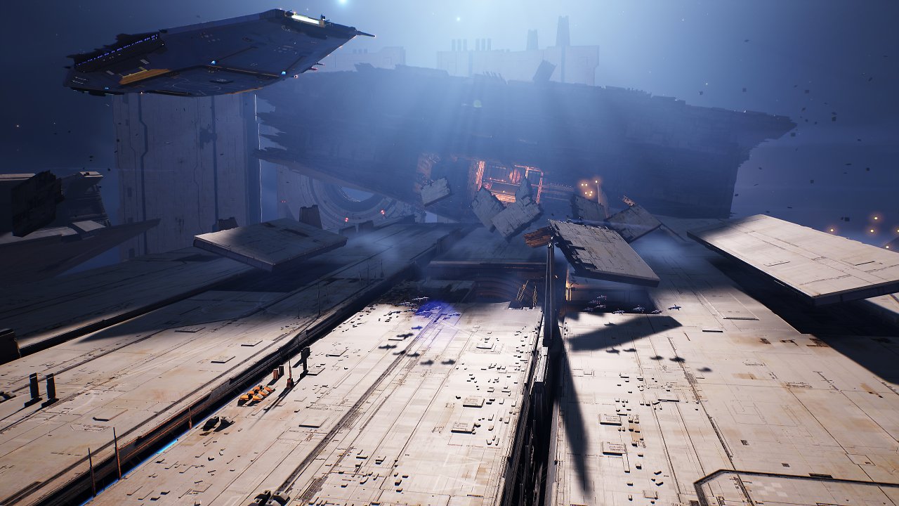 [07/05/2024] Homeworld 3 mit RT-Shadows - Sie können bei den Schatten der Jäger einige streifenförmige Artefakte erkennen. Noise ist im Bewegtbild außerdem ein minimaler Faktor, die diffus verschattete Metallfläche hinter den Schiffen zeigt etwa leichte RT-Artefakte dieserart. Generell ist das RT dem Gesamtbild jedoch zuträglich, wenn auch in den meisten Fällen relativ unauffällig.