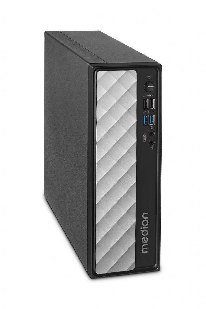 [06/05/2024] MEDION PC T80 schwarz Front Side left down Pressebild