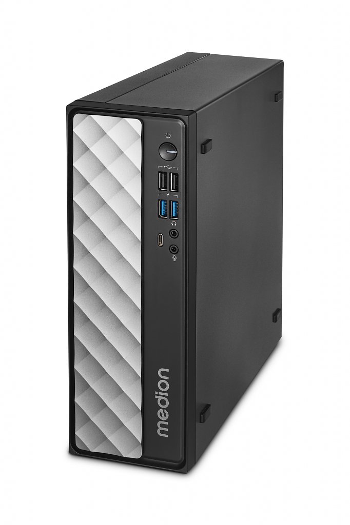 [06/05/2024] MEDION PC T80 schwarz Front Side right down Pressebild