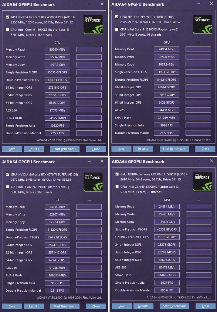[14/06/2024] Oben: RTX 4080 Super und RTX 4080Unten: RTX 4070 TiS OC und RTX 4070 TiS