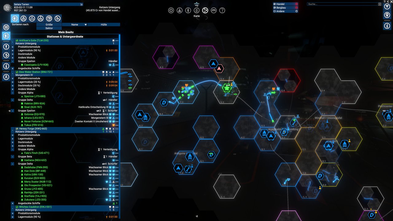 [24/06/2024] X4 Foundations Timelines mit Update 7.00 - Hier sehen Sie einen frühen Midgame-Spielstand. Wir haben rund ein halbes Dutzend Stationen hochgezogen, Schiffe zum Ressourcen-Abbau zugeteilt, Händler für die Lieferwege sowie mehrere kleine Jäger und Fregatten für Patrouillen eingeteilt. Im späteren Verlaufe können Sie mehrere Hunderte einzelne Schiffe kontrollieren. Alle werden in Echtzeit verwaltet, ebenso wie die von der KI kontrollierten Einheiten.Allerdings tut X4 dies mit unterschiedlicher Genauigkeit: Um Ressourcen zu sparen, wird nur jener Sektor, in dem Sie sich befinden, mit der höchsten Genauigkeit berechnet, nur für nahe Einheiten und KI wird die höchste Priorität (genannt 