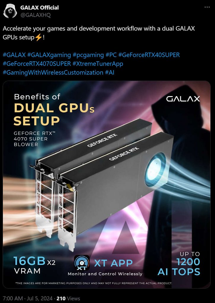 [05/07/2024] Die Geforce RTX 4070 Super Blower mit 16 GiB Speicher wurde von Galax über X beworben.