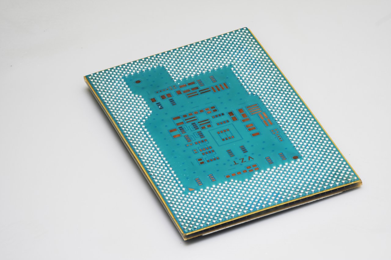 [12/07/2024] A photo shows the ball grid array side of an Intel assembled glass substrate test chip at Intel's Assembly and Test Technology Development factories in Chandler, Arizona, in July 2023. Intel’s advanced packaging technologies come to life at the company's Assembly and Test Technology Development factories.