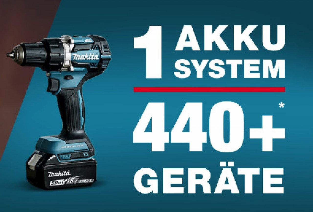 Mehr als 440 Werkzeuge und Gartengeräte von Makita lassen sich mit ein und demselben 18V Akku betreiben.
