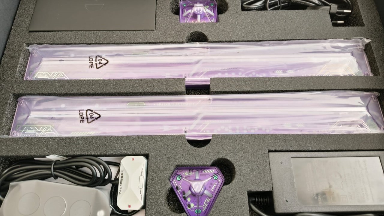 [28/07/2024] Zwei Leuchten, Kabel und Anleitungen ordentlich sortiert im unteren Boden der Govee x Evangelion Box.