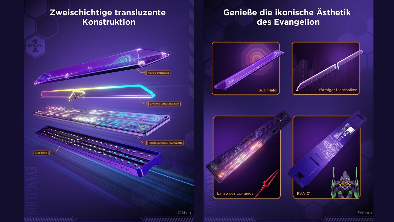 [28/07/2024] Der detaillierte Aufbau der Govee x Evangelion Gaming Wall Lights, inklusive der LED-Basis mit der Lanze des Longinus und dem Kopf von EVA-01.