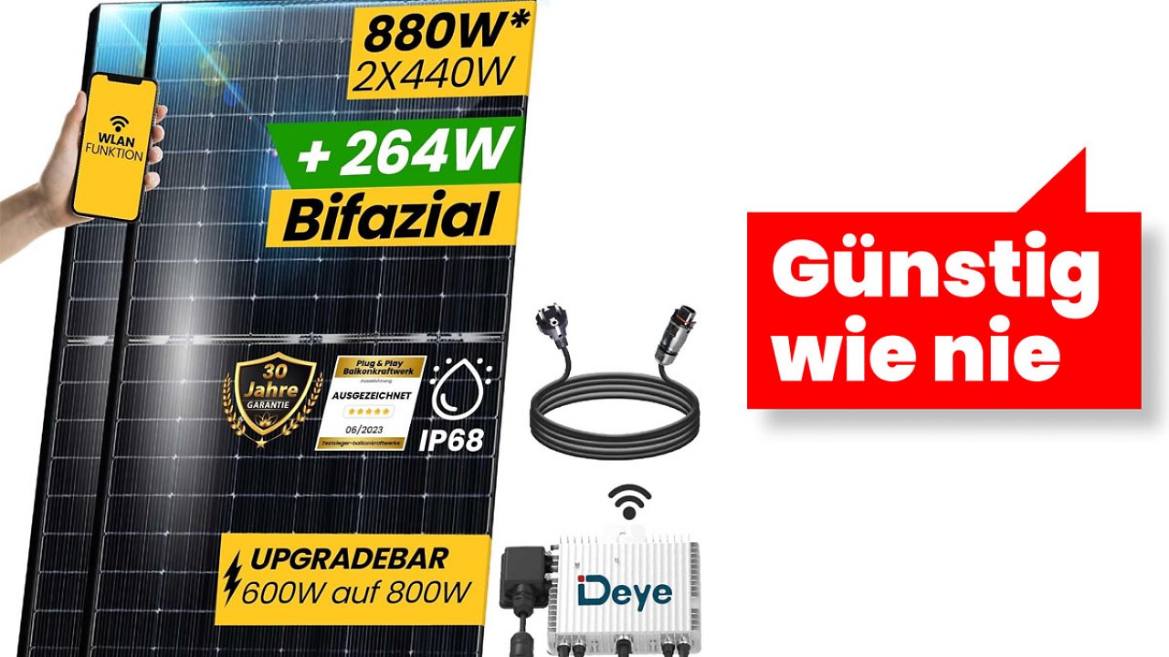 Jetzt aber schnell: Balkonkraftwerk-Komplettset mit bifazialen Solarmodulen ab 285 Euro bei Amazon - Testsieger bei Stiftung Warentest