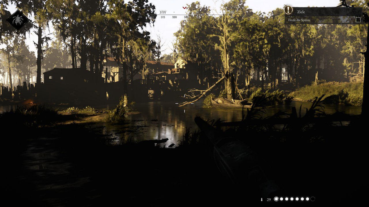 [16/08/2024] Grafikfehler mit unseren alten Radeons und AMD-Legacy-Driver: Hier sehen Sie, wie das Spiel ohne SVOTI-Bounce-Light, ohne indirektes Licht, aussehen würde. Nur das direkte Sonnenlicht erhellt das Unterholz, nicht aber die von diesem abgegebenen indirekten Licht. Im Schatten der Bäume tappen wir in Stockfinsternis.