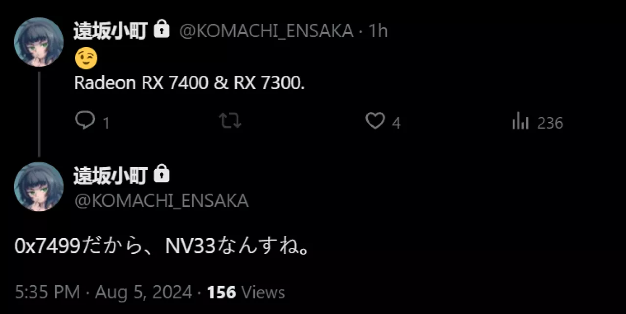 [06/08/2024] Ein Hardware-Leaker auf X erwähnt zwei neue Einsteiger-Modelle aus der Radeon-RX-7000-Serie, die vermutlich mit einem Navi 33 ausgestattet sein werden.