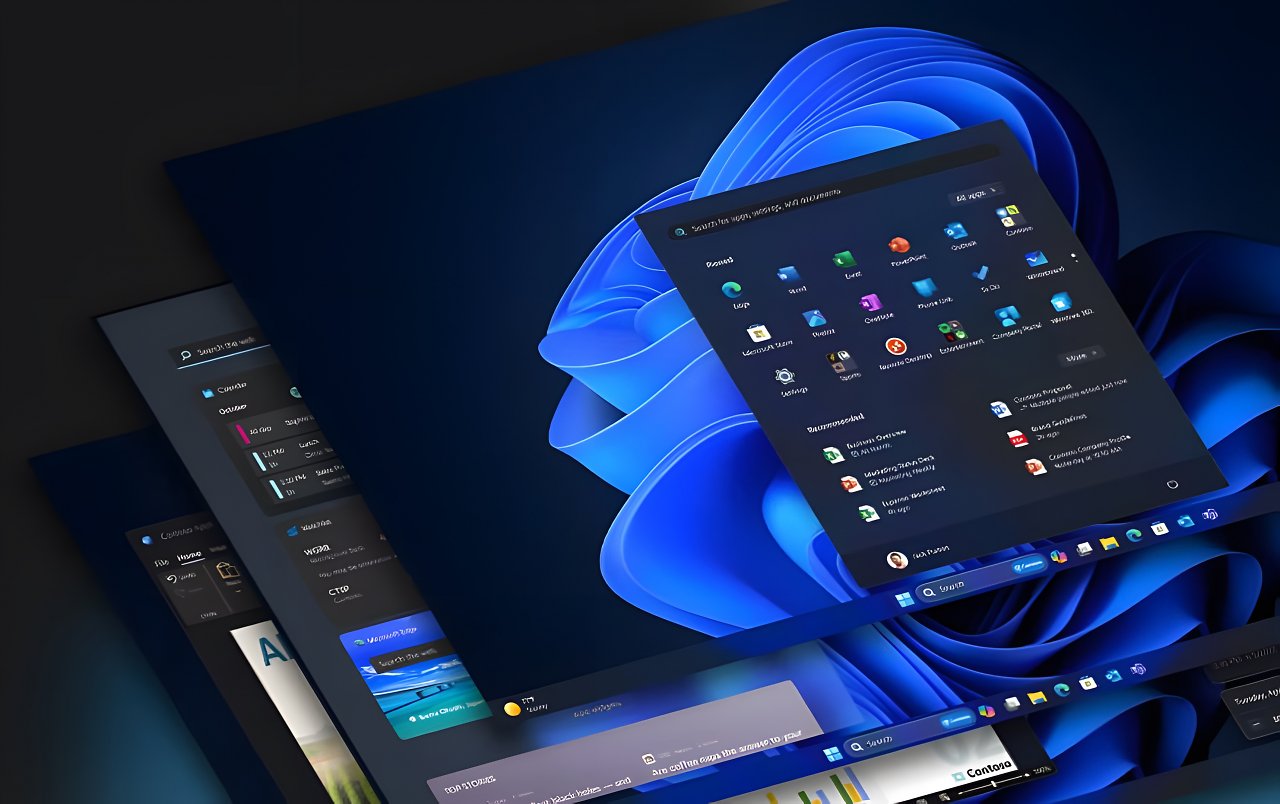 Windows 11 auf mehreren Ebenen im dunklen Modus