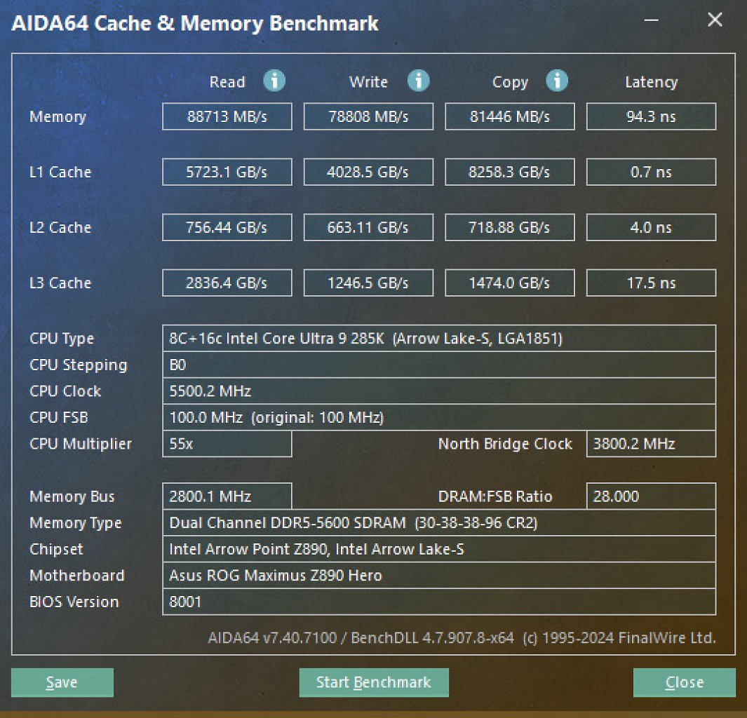 [23/10/2024] AIDA64 Cache & Memory Benchmark, Core Ultra 285K
