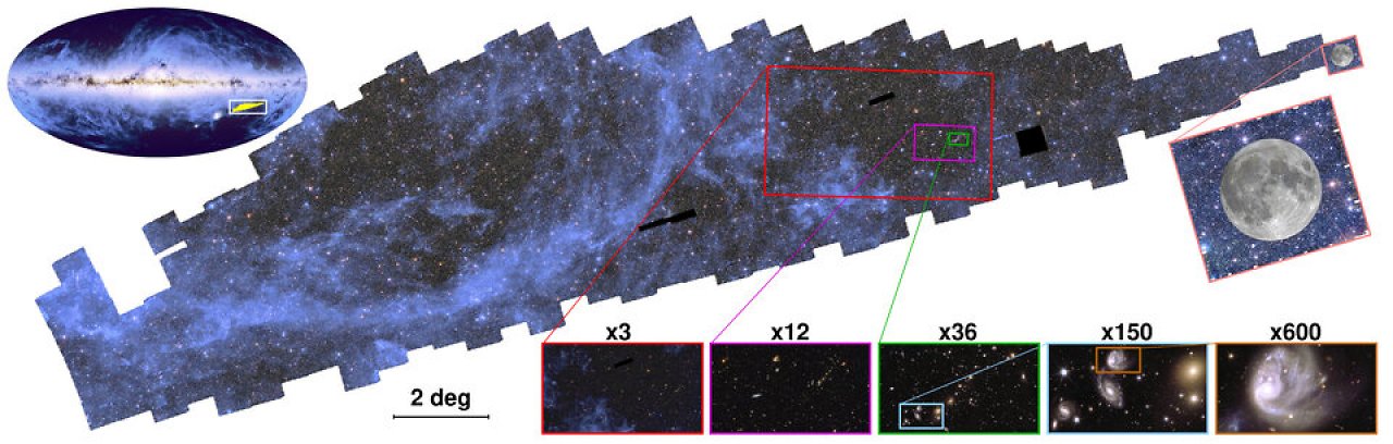 [19/10/2024] Der bisher veröffentlichte Ausschnitt ist extrem hochauflösend. Verglichen mit der Weltkarte der Satelliten Gaia und Planck wurde bislang aber nur wenig kartografiert - im Bild oben der gelb markierte Bereich.