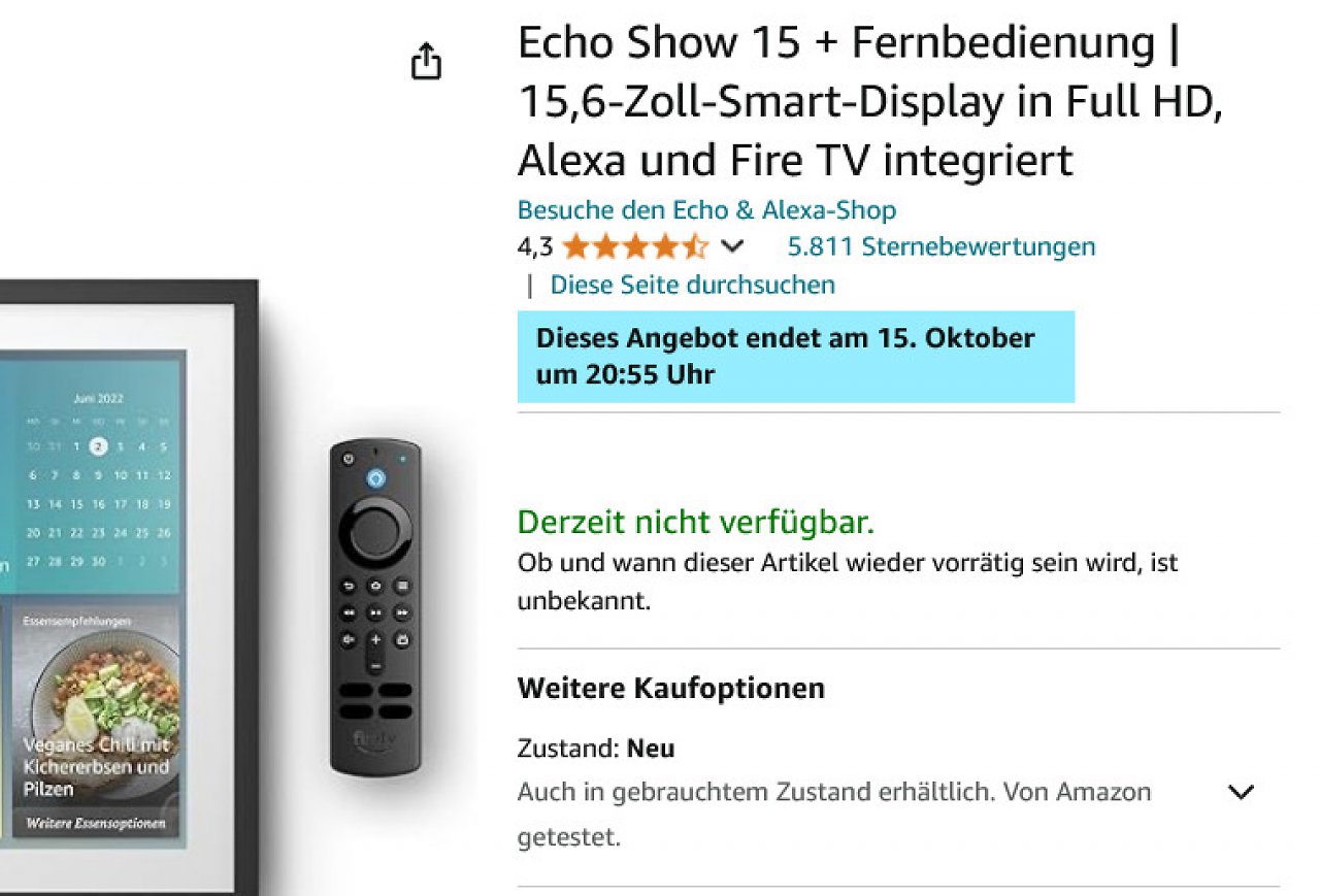 Bereits vor dem Start der Amazon Prime Deal Days ist der Echo Show 15 mit Alexa vergriffen.