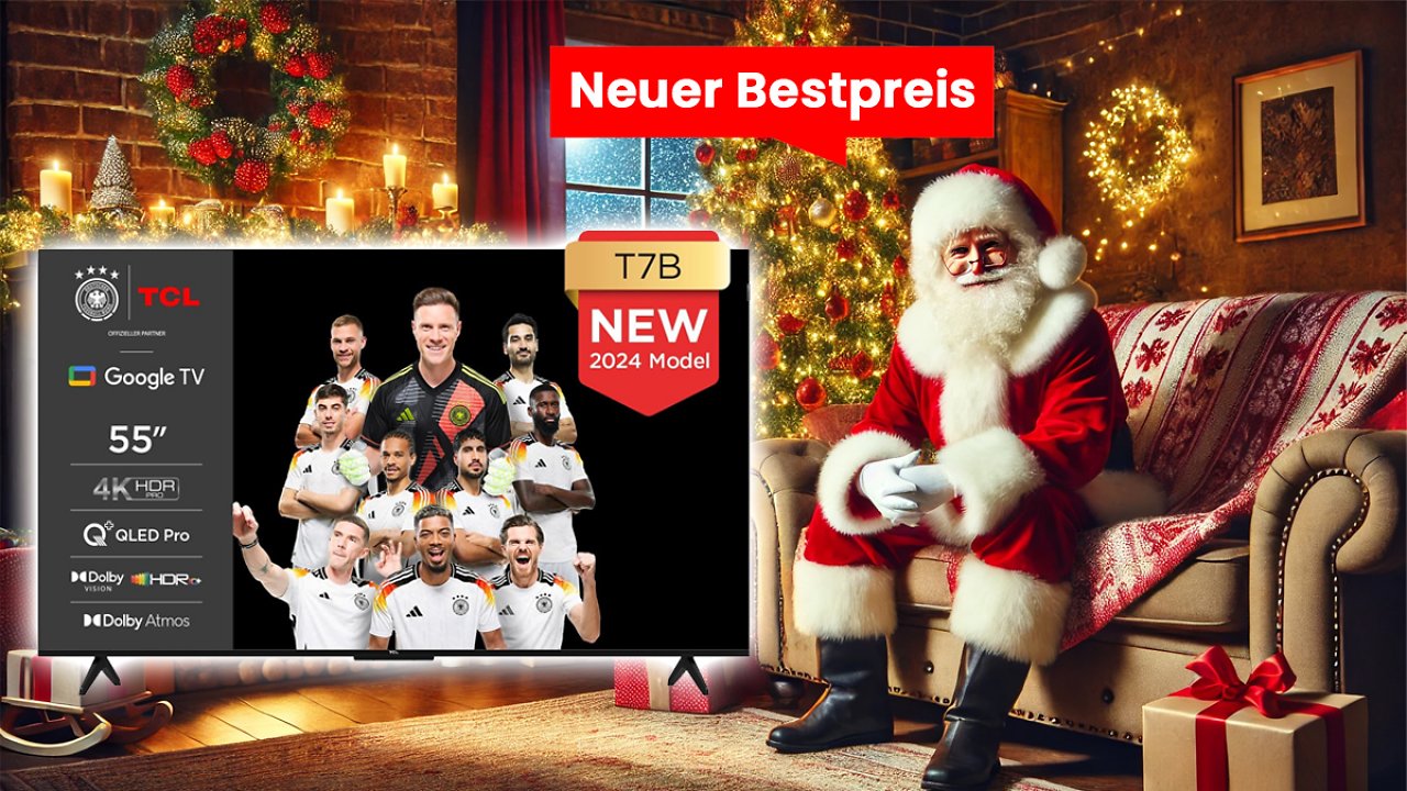 [19/11/2024] TCL 55T7B 55-Zoll QLED Pro Fernseher, 4K Ultra HD, HDR Pro, Smart TV Unterstützt von Google TV (Dolby & Atmos, Motion Clarity, Freihändige Sprachsteuerung, Kompatibel mit Google Assistant & Alexa) Amazon Angebot