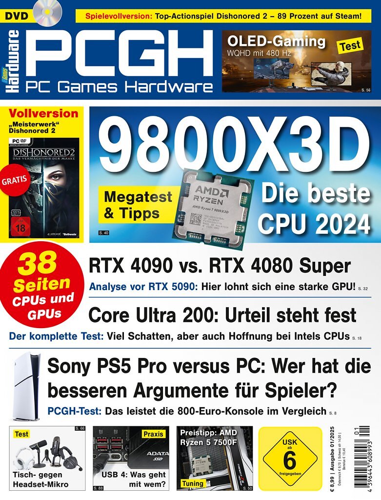 [26/11/2024] DVD-Cover der PCGH-Ausgabe 01/2025. Mit dabei ist Dishonored 2 als Steam-Key.