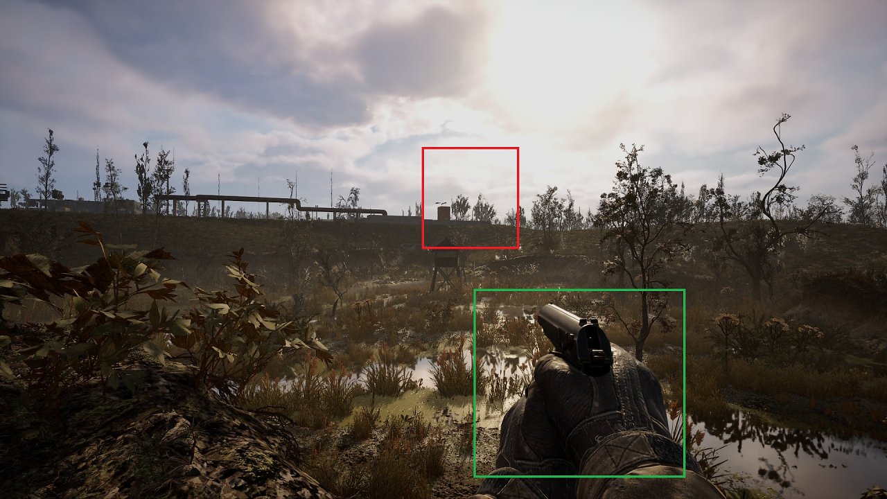 [25/11/2024] Der PCGH-Tune II samt DLSS lässt einige interessante Details begutachten. Hier sehen Sie einen Nebeneffekt, der auf Upsampling und MIP-Stufen hinausläuft:Die Vegetation im Hintergrund scheint(!) detailreicher, allerdings handelt es sich lediglich um ein Billboard-Mesh. Dieses wird mit DLSS mit einer höher aufgelösten MIP-Stufe versehen. Es zeigt jedoch lediglich die gleiche MIP-Textur, wie das nebenstehende Vegetationsmodell. Vergleichen Sie an dieser Stelle PCGH-Tune und Epic-Setting.Nicht dieses Bild ist das Detailreichtste! Es hat lediglich einen extra-scharfen MIP-Bias!Ebenfalls sehr auffällig und dieses Mal andersherum: Im Vordergrund, für den Handschuh, kommt eine niedriger aufgelöste Textur zum Einsatz. Allerdings haben wir bei den PCGH-Tunes zum Schutz des Grafikspeichers auch die Textur-Auflösung reduziert. Hier sieht man es.