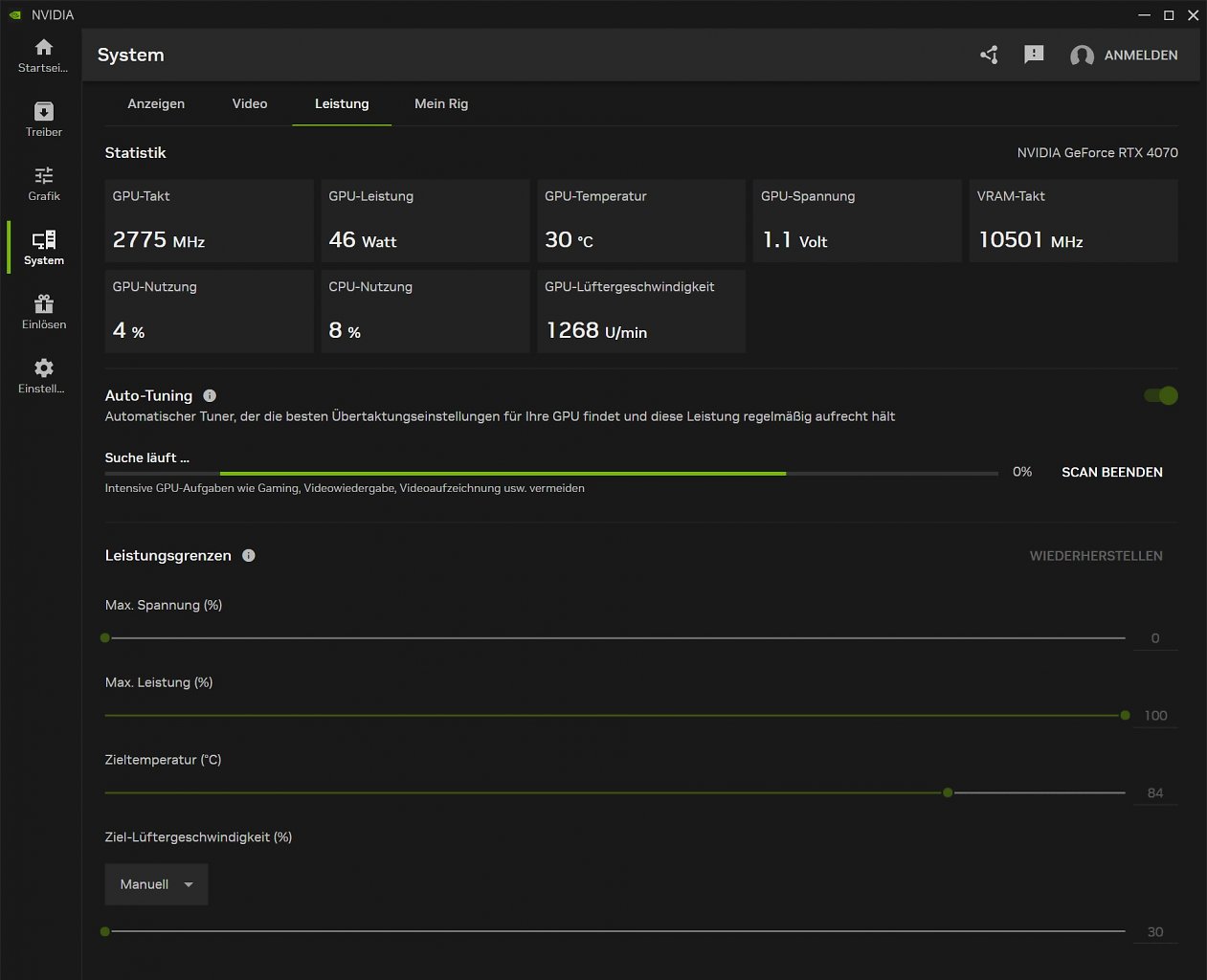 [12/11/2024] Im Praxistest mit einer Gainward Ghost Geforce RTX 4070 (Non-Super) spuckt die Nvidia App nach ca. 20 Minuten ein automatisches Übertaktungsprofil von +94 MHz beim GPU-Takt und +200 MHz beim Videospeicher aus. Über Drittprogramme wie den MSI Afterburner sind über ein eigenes, feineres Tuning mehr Performance-Gewinne zu erwarten.