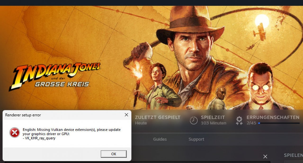 [03/12/2024] Beim Versuch, das Spiel mit einer Geforce GTX 1080 Ti zu starten, werden wir mit dieser Fehlermeldung begrüßt. Alten Radeon-GPUs ergeht es ähnlich.