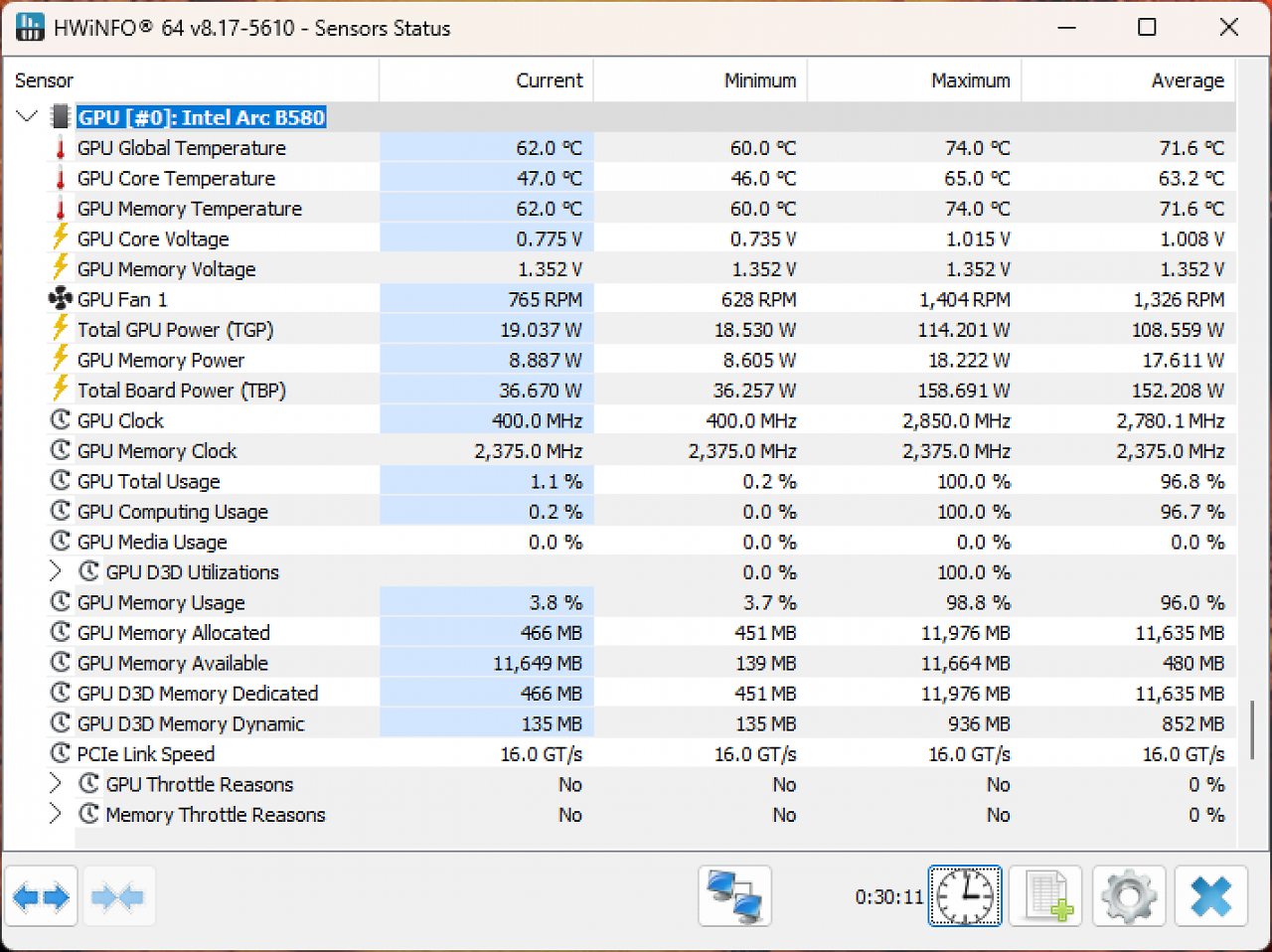 [11/12/2024] Intel Arc B580 - Hwinfo Sensors - Low Load Gaming