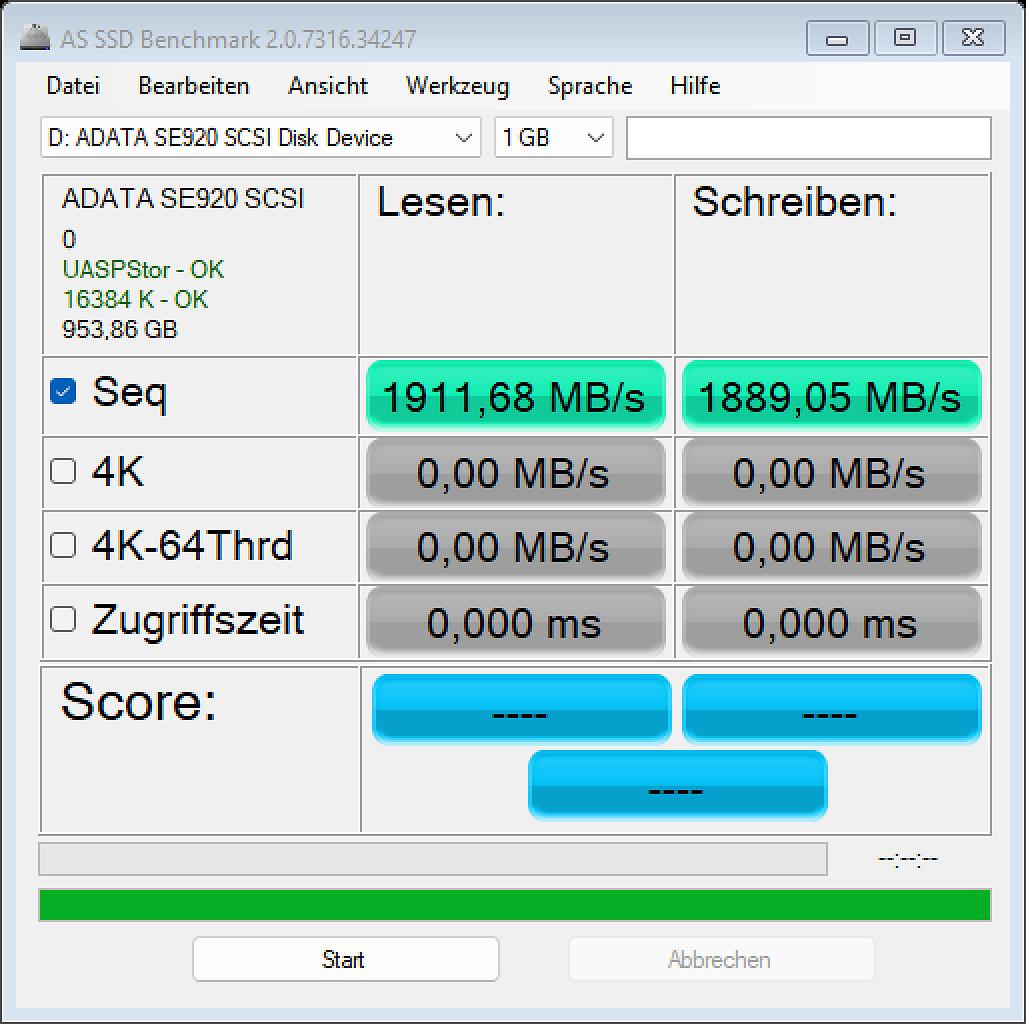 [20/12/2024] Unser ältestes Kabel erzwingt einen UBS-3.2-2x2-Kompatibilitätsmodus, den glücklicherweise Board und SSD unterstützen. Das alte Protokoll ist auch lesend ein Stück schneller als USB4 Gen2x2 oder USB4 Gen3x1.