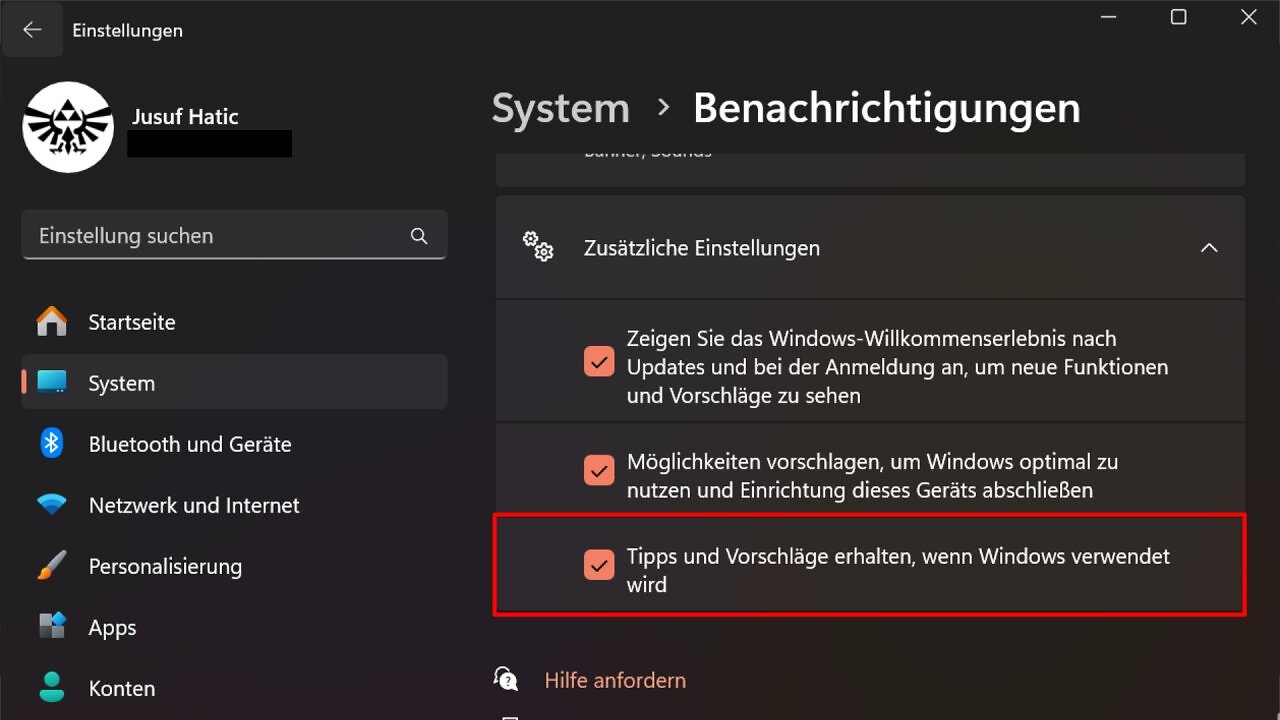 [30/12/2024] Dieser Menüpunkt muss zum Beenden der Benachrichtigungswerbung abgewählt werden.