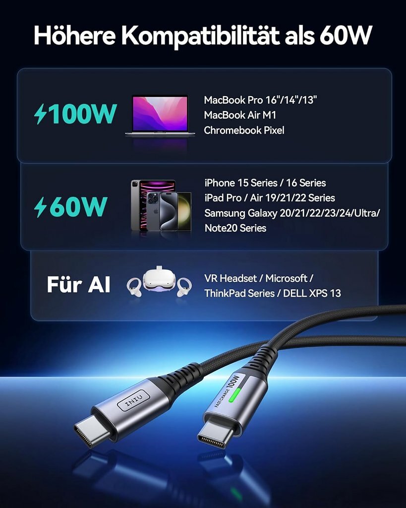 Mit dem USB-C-Kabel mit 100W lassen sich zahlreiche Geräte laden.