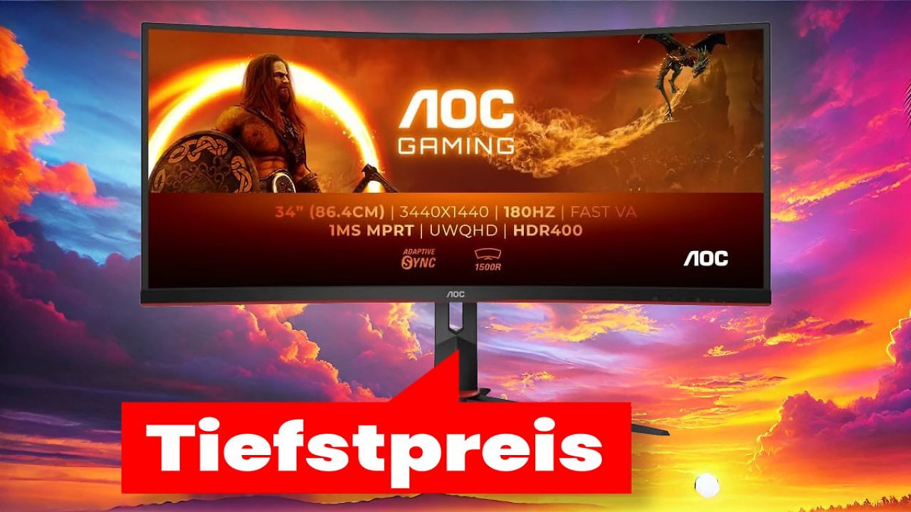 Tiefstpreis-Deal: Sehr gut bewerteter AOC Ultrawide Curved Gaming-Monitor mit 34 Zoll, WQHD und 180 Hz kostet gerade keine 290€