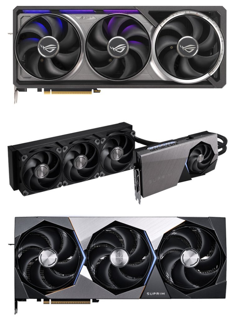 [27/01/2025] Von oben nach unten: Asus ROG Astral Geforce RTX 5090, MSI Geforce RTX 5090 Suprim Liquid SOC und MSI Geforce RTX 5090 Suprim SOC.