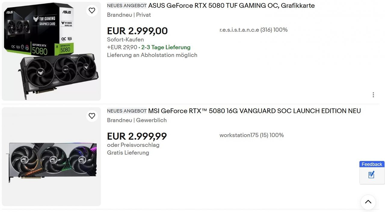 [30/01/2025] Kurz nach Release der Geforce RTX 5090 und 5080 führen Scalper bereits Angebote auf Ebay – zu unmoralischen Mondpreisen. (1)