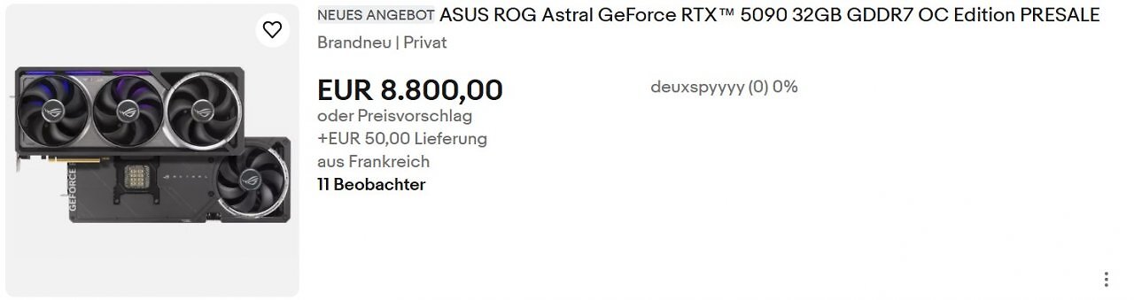 [30/01/2025] Kurz nach Release der Geforce RTX 5090 und 5080 führen Scalper bereits Angebote auf Ebay – zu unmoralischen Mondpreisen. (5)