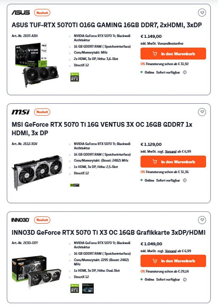 Wer eine Geforce RTX 5070 Ti, 5080 oder 5090 kaufen möchte, hat auch bei normalen Shops Gelegenheit dazu, sollte die Augen aber offenhalten.