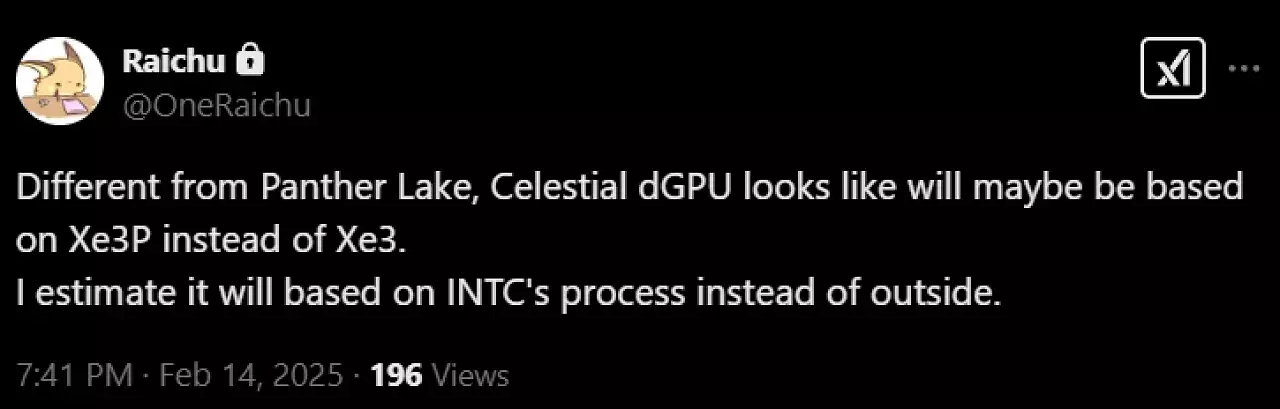 [17/02/2025] In seinem Post behauptet @OneRaichu, dass Celestial auf Xe 3P basieren wird. Zudem soll der Chip vermutlich von Intel selbst hergestellt werden.