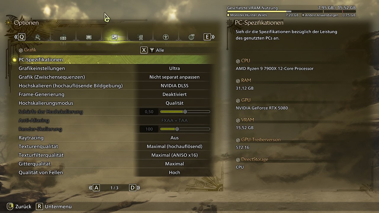 Monster Hunter Wilds Benchmark-Tool, Menü: Grafik 1