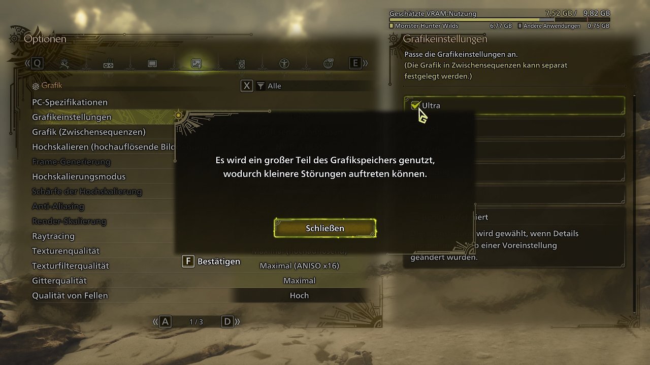 Monster Hunter Wilds Benchmark-Tool, Menü: Speicherwarnung RTX 3080/10G