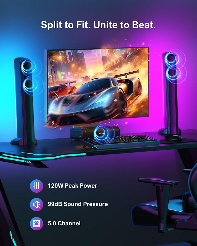 Nicht nur an den TV, sondern auch an einen Gaming-Rechner kann man die teilbare RGB-Soundbar anschließen. Parallel dazu sind auch Modelle mit 5.1 und 7.1 im Sale.