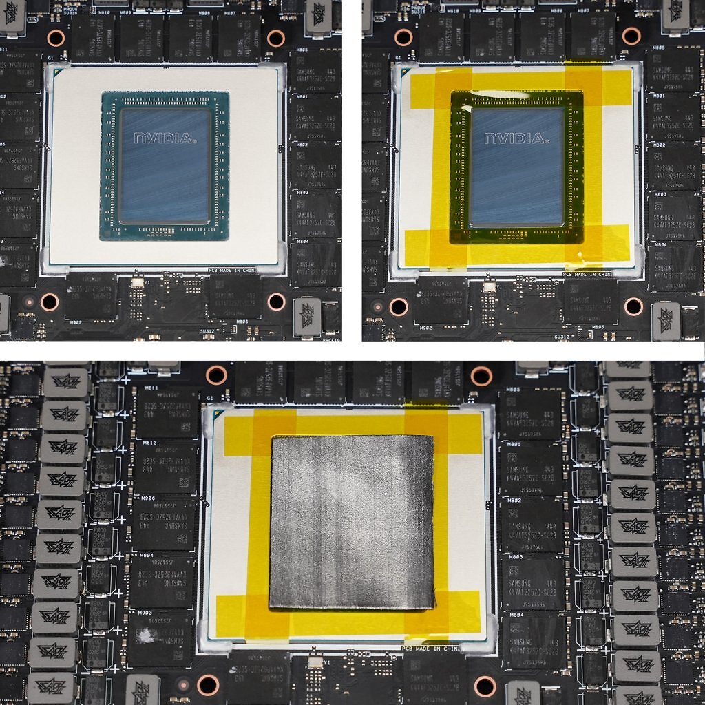 [02/02/2025] Für den Umbau muss der Kühler entfernt und der Chip gesäubert werden. Anschließend wird der umliegende Bereich mit Kapton isoliert und das Wärmeleitpad aufgelegt.