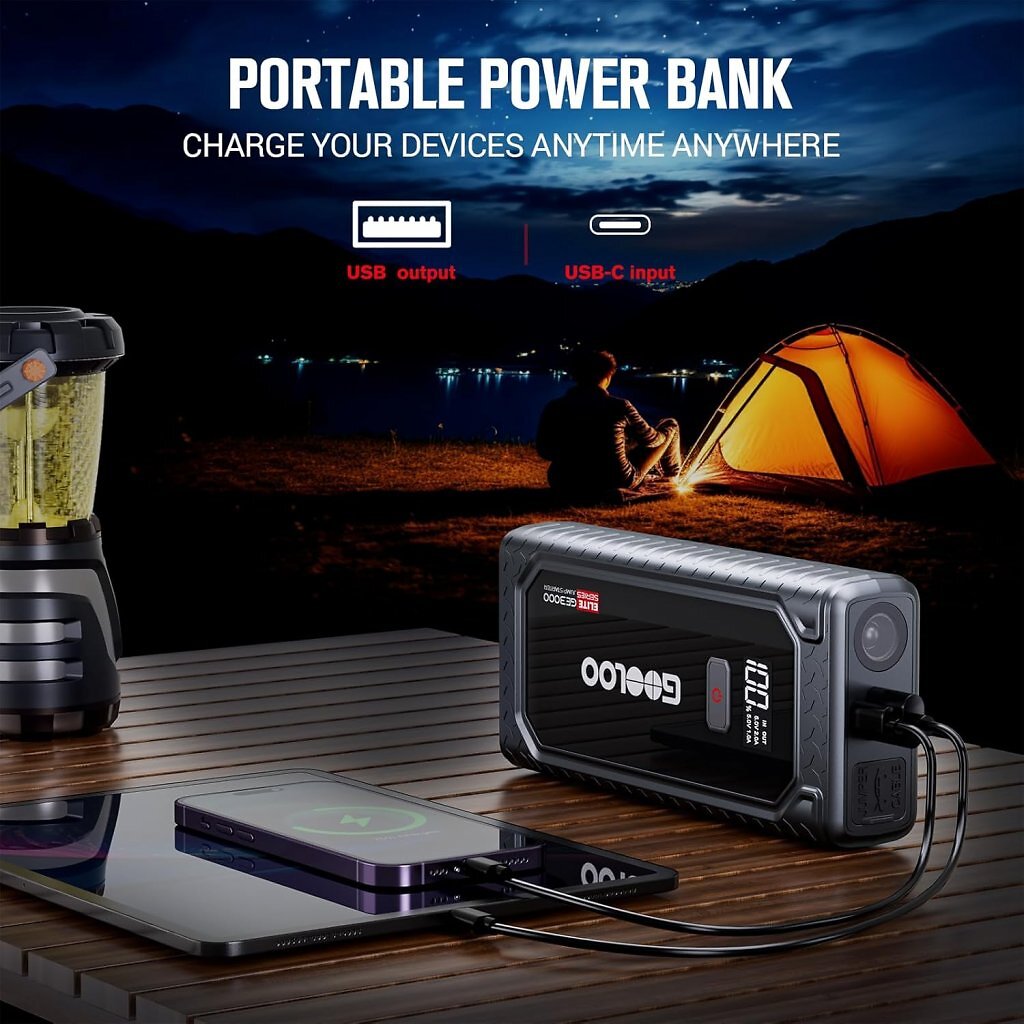 Mit der 12V-Starthilfe-Powerbank kann man auch sein Smartphone oder Tablet laden, zwei USB-Ports machen es möglich.
