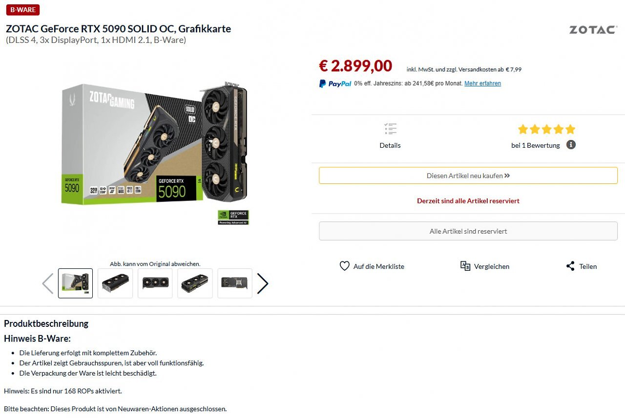RTX 5090 mit fehlenden ROPs als B-Ware bei Alternate.